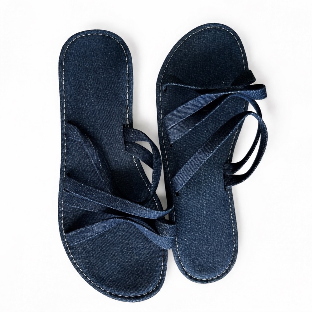 Denim Lace-Up Flat Sandals | Size 40 (US 9–9.5) | Strappy Tie-Up Slides